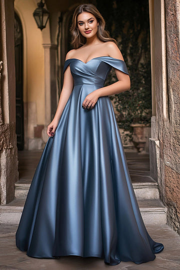 Dusty Blue Satin Off The Shoulder Ball Gown Long Plus Prom Dress